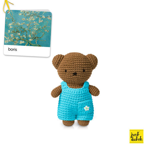 boris crochet doll wearing almond blossom outfit handmade soft toy