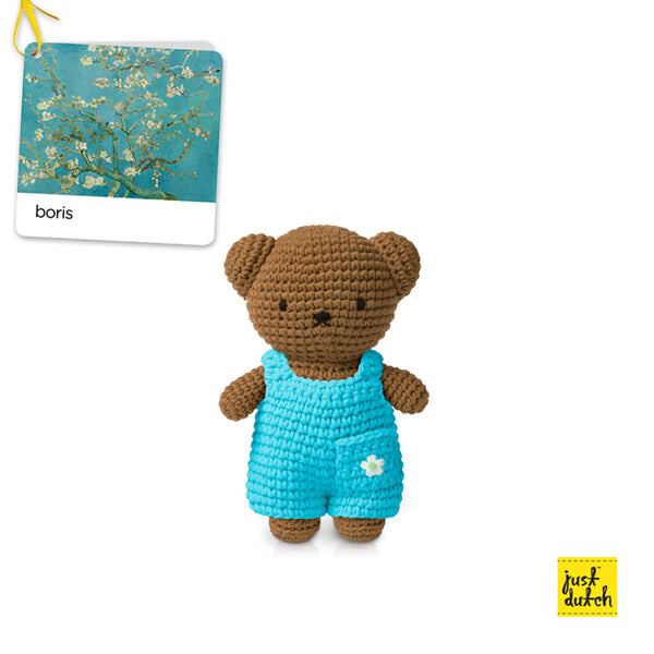 boris crochet doll wearing almond blossom outfit handmade soft toy