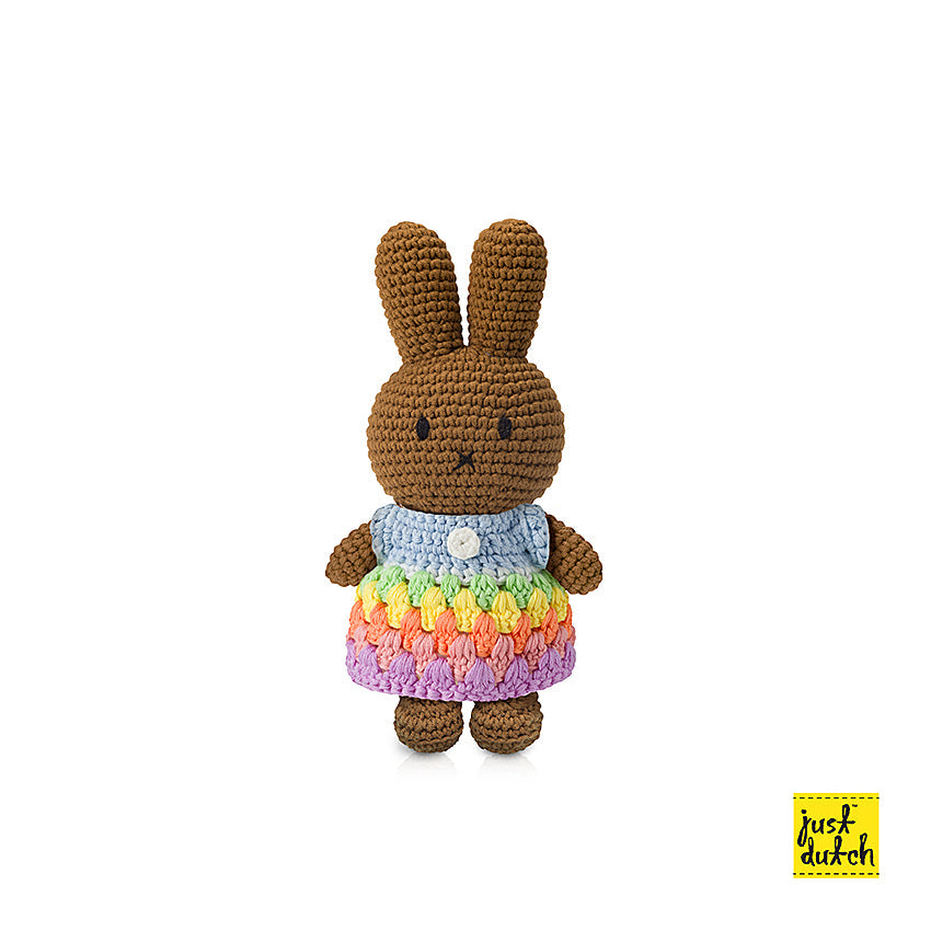 brown crochet bunny in rainbow outfit soft toy