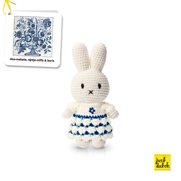 miffy crochet doll wearing delft blue floral dress handmade soft toy