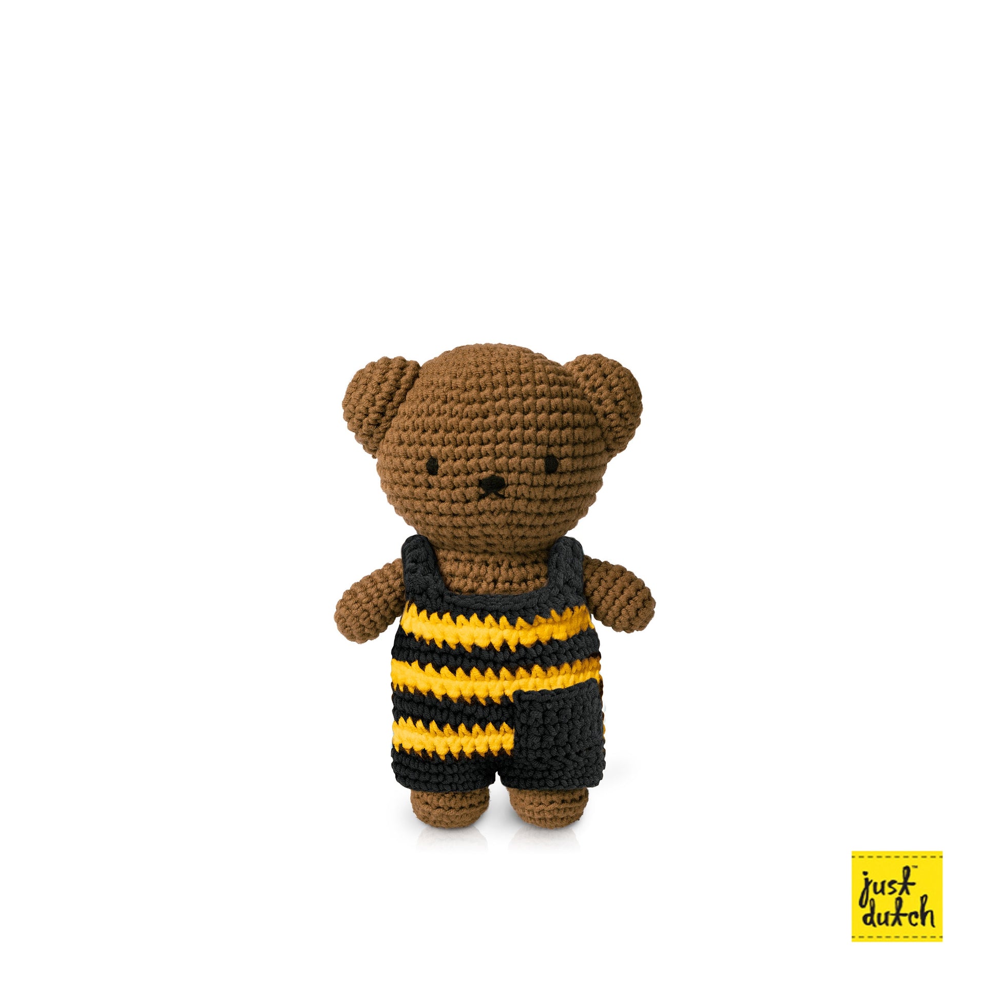 boris crochet doll wearing bumble bee striped overall handmade soft toy