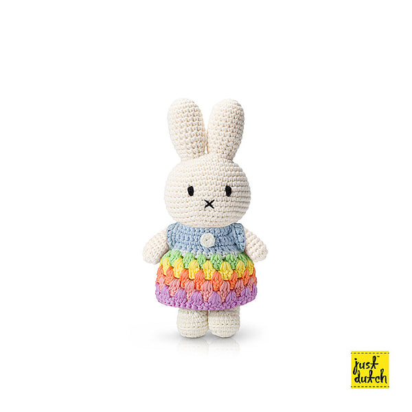 miffy crochet doll wearing rainbow dress handmade colorful soft toy
